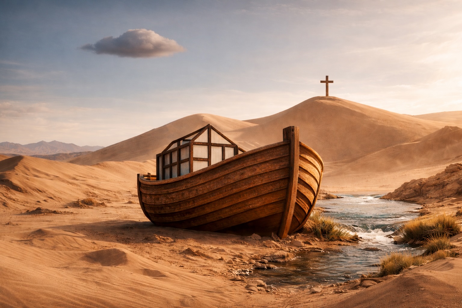 An ark resting in golden desert sand dunes